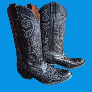 Mens 8.5 D Black Leather Python Snakeskin Cowboy Boots 2001 Black Nocona USA